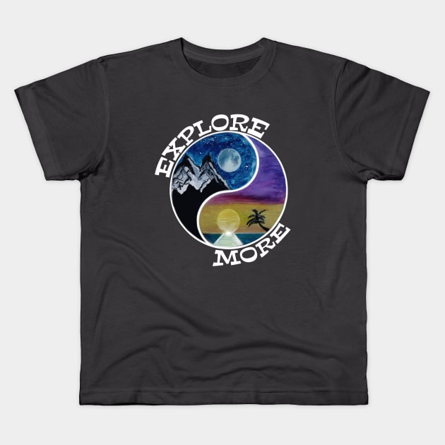 Explore More white yin yang - love for moons mountains oceans and sunshine Kids T-Shirt by BrederWorks